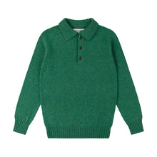 GREEN KNITTED LONG SLEEVE SHETLAND POLO SWEATER WITH SPORTS COLLAR AND BUTTONS