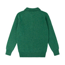 GREEN KNITTED LONG SLEEVE SHETLAND POLO SWEATER WITH SPORTS COLLAR AND BUTTONS