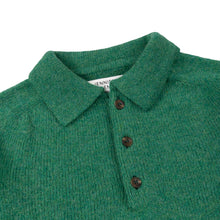 GREEN KNITTED LONG SLEEVE SHETLAND POLO SWEATER WITH SPORTS COLLAR AND BUTTONS