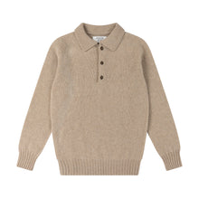 OATMEAL KNITTED LONG SLEEVE SHETLAND POLO SWEATER WITH SPORTS COLLAR AND BUTTONS