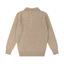 OATMEAL KNITTED LONG SLEEVE SHETLAND POLO SWEATER WITH SPORTS COLLAR AND BUTTONS