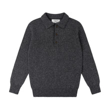 CHARCOAL GREY KNITTED LONG SLEEVE SHETLAND POLO SWEATER WITH SPORTS COLLAR AND BUTTONS