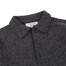CHARCOAL GREY KNITTED LONG SLEEVE SHETLAND POLO SWEATER WITH SPORTS COLLAR AND BUTTONS