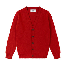 POPPY RED V-NECK BRUSHED SHETLAND CARDIGAN WITH FIVE BROWN BUTTONS