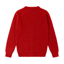 POPPY RED V-NECK BRUSHED SHETLAND CARDIGAN WITH FIVE BROWN BUTTONS