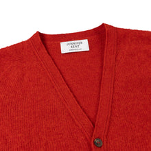 POPPY RED V-NECK BRUSHED SHETLAND CARDIGAN WITH FIVE BROWN BUTTONS