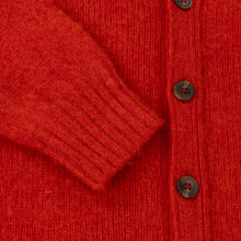POPPY RED V-NECK BRUSHED SHETLAND CARDIGAN WITH FIVE BROWN BUTTONS