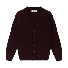DARK BEETROOT V-NECK BRUSHED SHETLAND CARDIGAN WITH FIVE BROWN BUTTONS