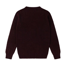 DARK BEETROOT V-NECK BRUSHED SHETLAND CARDIGAN WITH FIVE BROWN BUTTONS