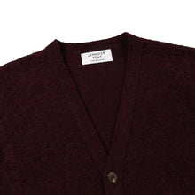 DARK BEETROOT V-NECK BRUSHED SHETLAND CARDIGAN WITH FIVE BROWN BUTTONS