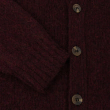 DARK BEETROOT V-NECK BRUSHED SHETLAND CARDIGAN WITH FIVE BROWN BUTTONS