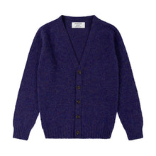 IRIS PURPLE V-NECK BRUSHED SHETLAND CARDIGAN WITH FIVE BROWN BUTTONS