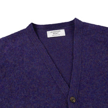 IRIS PURPLE V-NECK BRUSHED SHETLAND CARDIGAN WITH FIVE BROWN BUTTONS