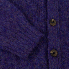 IRIS PURPLE V-NECK BRUSHED SHETLAND CARDIGAN WITH FIVE BROWN BUTTONS
