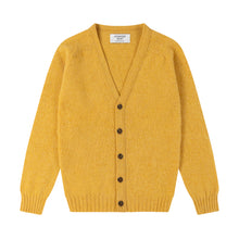 HONEY YELLOW V-NECK BRUSHED SHETLAND CARDIGAN WITH FIVE BROWN BUTTONS