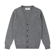 GREY V-NECK BRUSHED SHETLAND CARDIGAN WITH FIVE BROWN BUTTONS