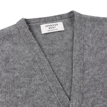 GREY V-NECK BRUSHED SHETLAND CARDIGAN WITH FIVE BROWN BUTTONS