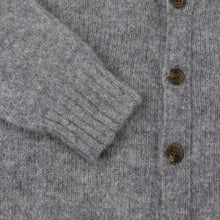 GREY V-NECK BRUSHED SHETLAND CARDIGAN WITH FIVE BROWN BUTTONS