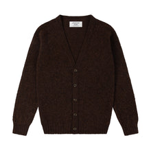 DARK BROWN V-NECK BRUSHED SHETLAND CARDIGAN WITH FIVE BROWN BUTTONS