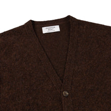 DARK BROWN V-NECK BRUSHED SHETLAND CARDIGAN WITH FIVE BROWN BUTTONS