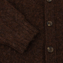 DARK BROWN V-NECK BRUSHED SHETLAND CARDIGAN WITH FIVE BROWN BUTTONS